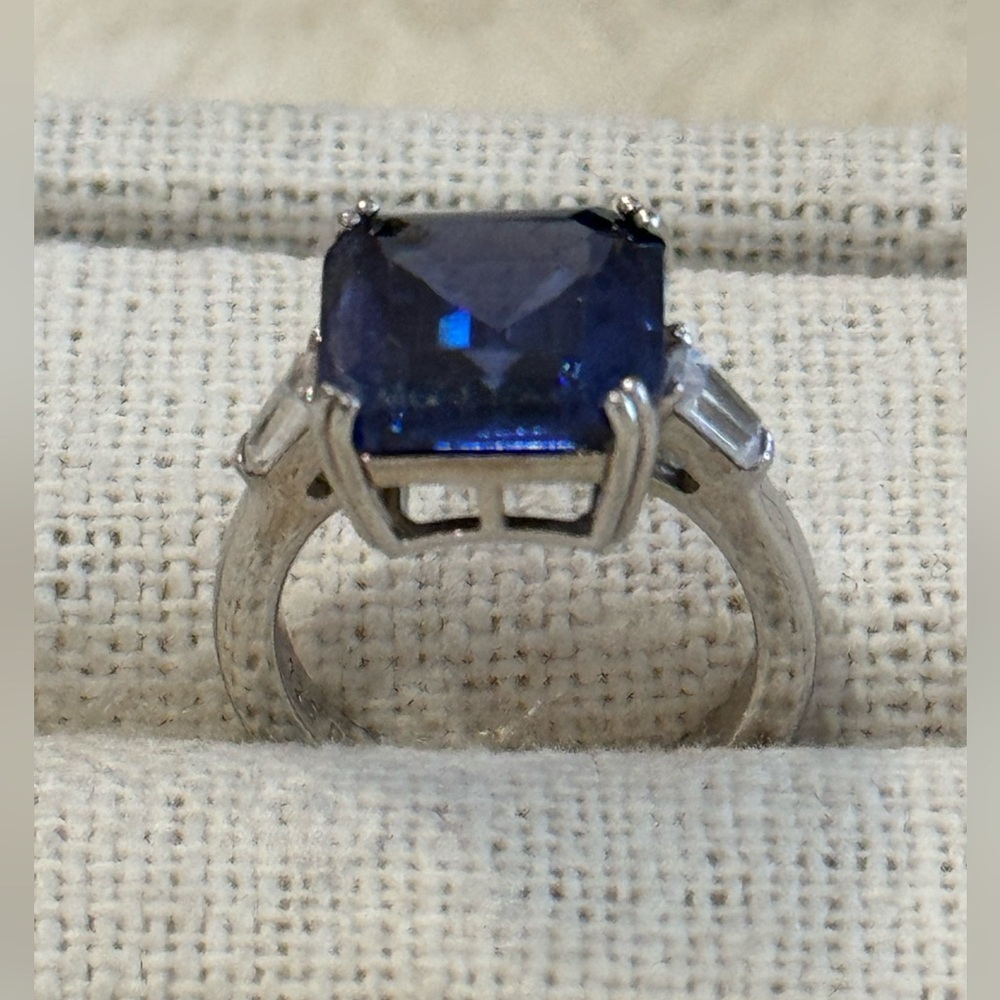 Sterling silver simulated tanzanite and cubic zirconia ring